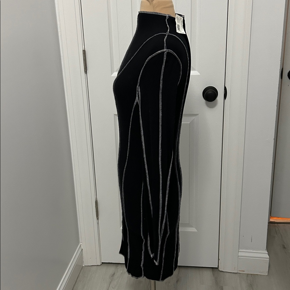 Beige Botany Black Ribbed Contrast Seam Bodycon  Dress - Picture 4 of 9